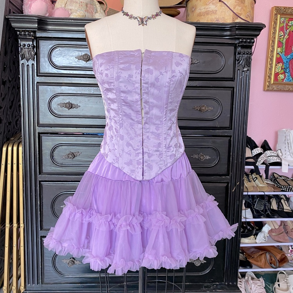 Rare Betsey Johnson X Forever 21 Lilac Purple Satin Corset Top & Tulle Skirt Set